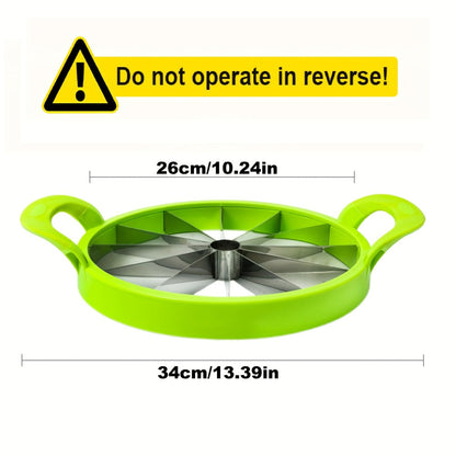 Round Watermelon Slicer Tool with Dual Green Handles, Central Coring Ring and Radial Metal Cutters