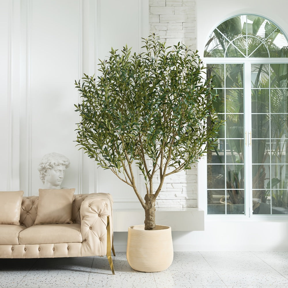 Potted Olive Artificial Tree with 5, 6, 7 and 8 ft Height Options, Black Planter and Branching Green Leaves
