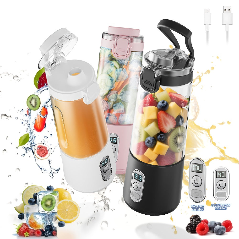 Portable Blender with Clear Cylindrical Cup, Digital Timer Display, Flip-Up Handle and Three Color Options