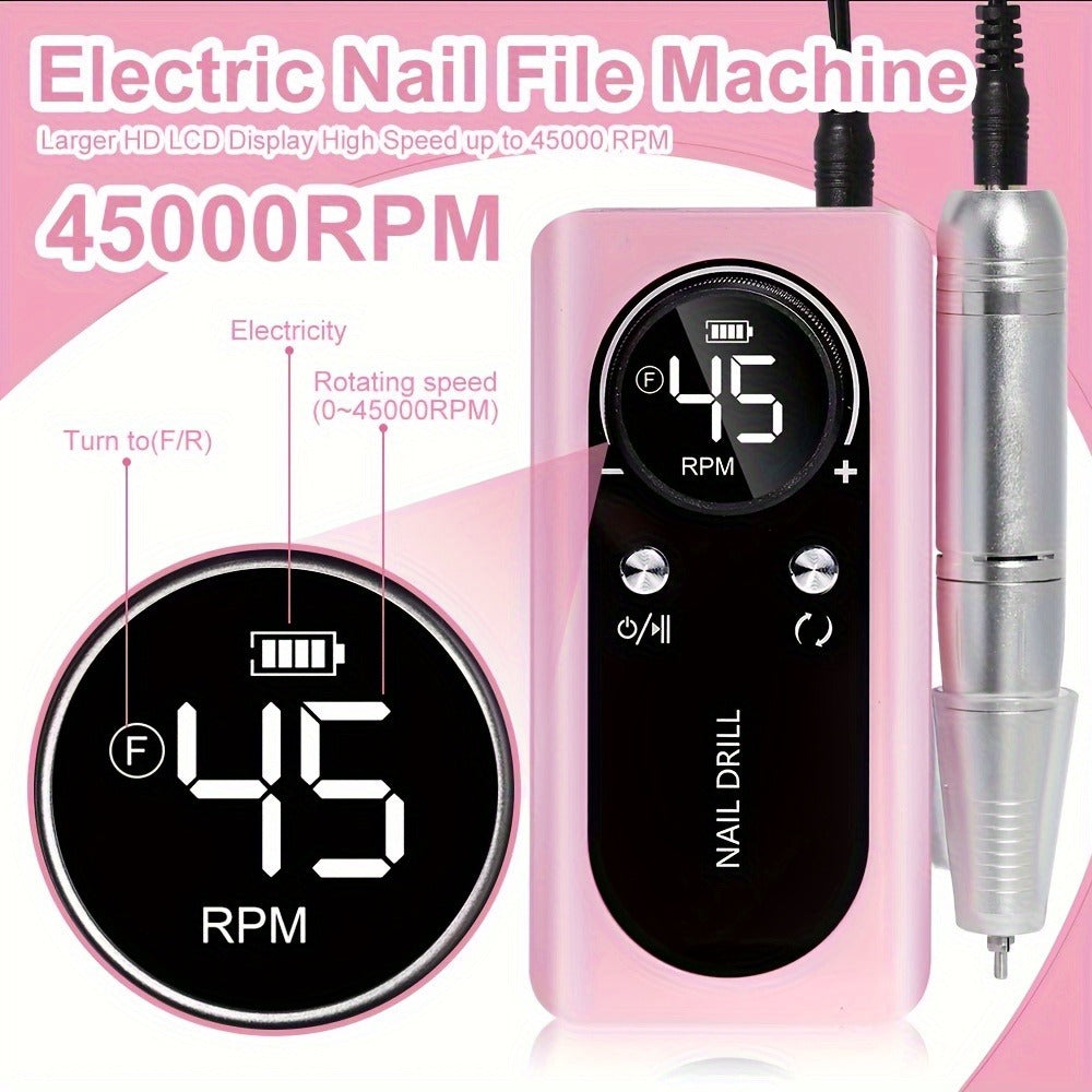 Electric Nail Drill 45000 RPM Cordless Kit with Power Display, Adjustable Speed and Three Colors