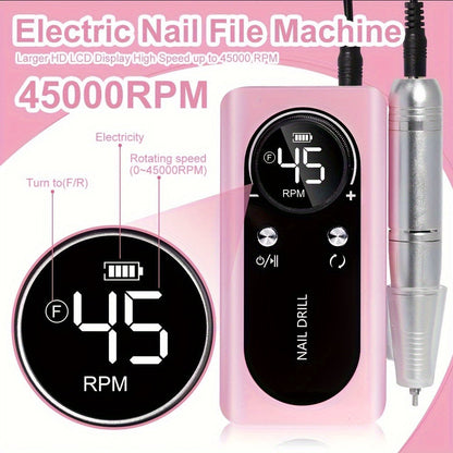 Electric Nail Drill 45000 RPM Cordless Kit with Power Display, Adjustable Speed and Three Colors