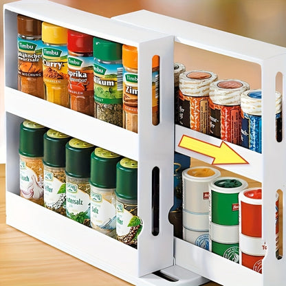 Two-Tier Rotating White Cabinet Organizer with Pull-Out Turntable Shelves for Spice and Pantry Storage