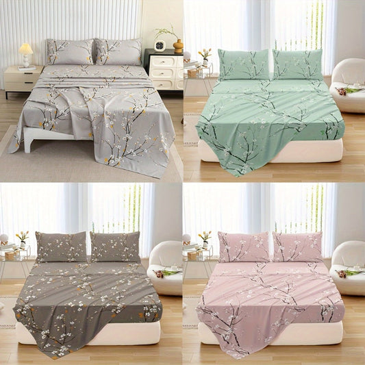 Bed Sheet Set 4-Piece Plum Blossom Floral Polyester with 15-Inch Pocket and Four Color Options