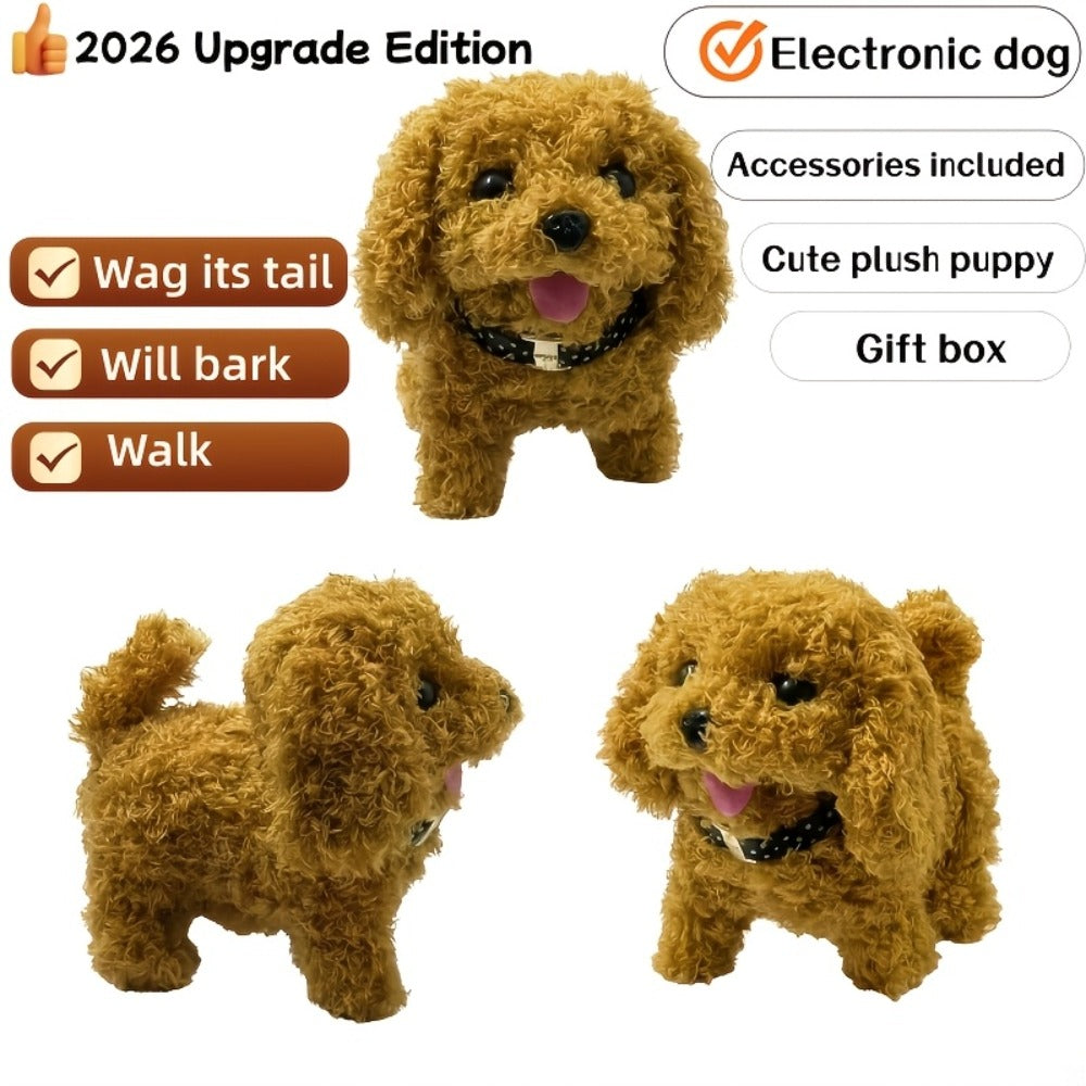 Walking Barking Robot Dog Toy for Adults Teens – Soft Plush Biomimetic Puppy with Expressive Eyes, One-Button Control, Gift Box Option | Desk & Home Companion | Brown White Red