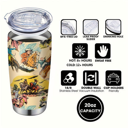 Cowboy Insulated Tumbler 20oz Stainless Steel with Lid & Straw | Western Graphic Travel Cup for Hot & Cold Drinks – Camping Drinkware, Birthday & Holiday Gift for Men & Women