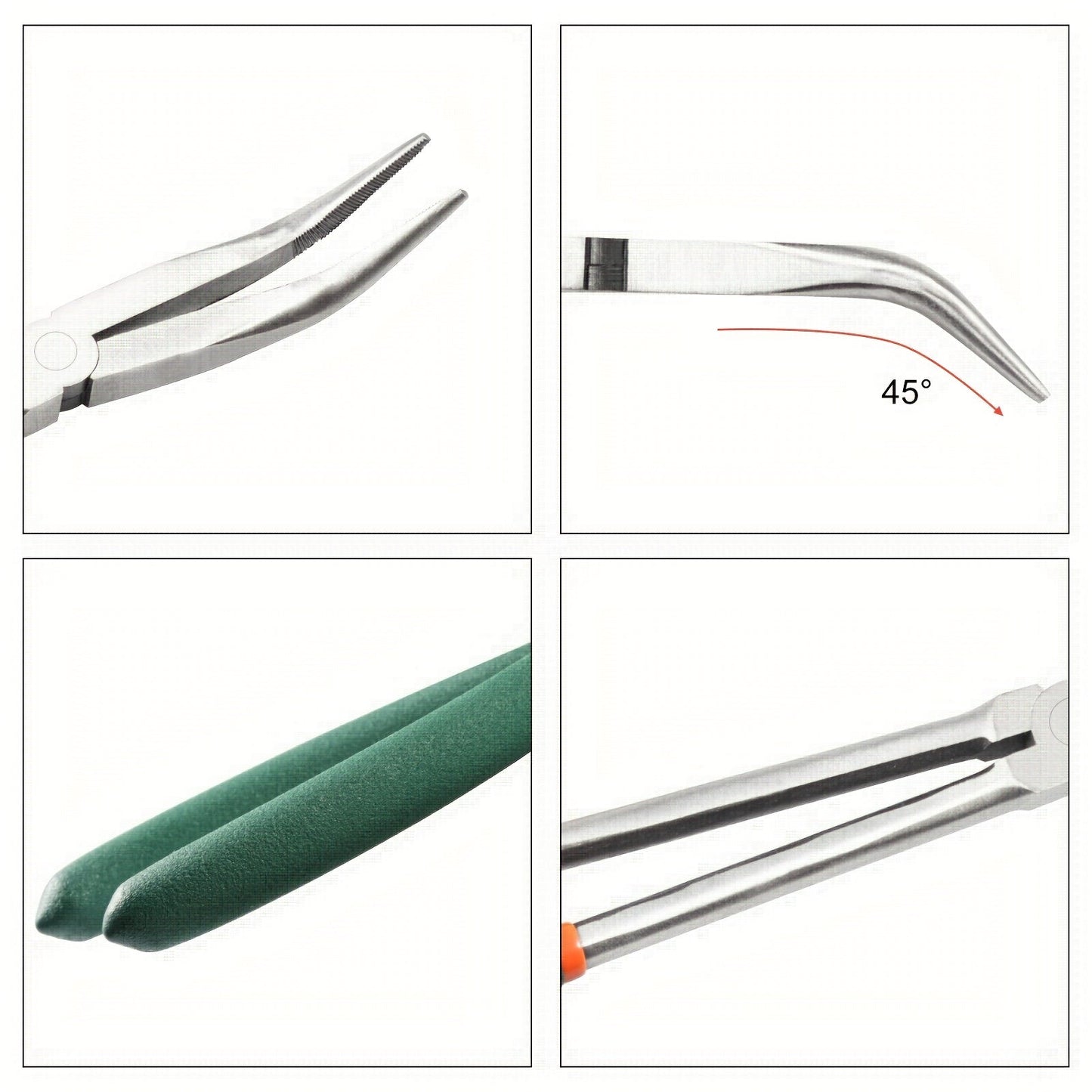 Eleven-Inch Long-Nose Fishing Pliers with 45-Degree Bent Tips, Green Grips and Narrow Hook-Access Profile