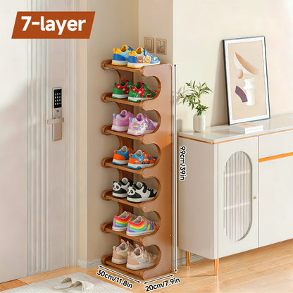 Natural-Color Seven-Layer Bamboo-Labeled Shoe Rack with Narrow Freestanding Corner Layout Design