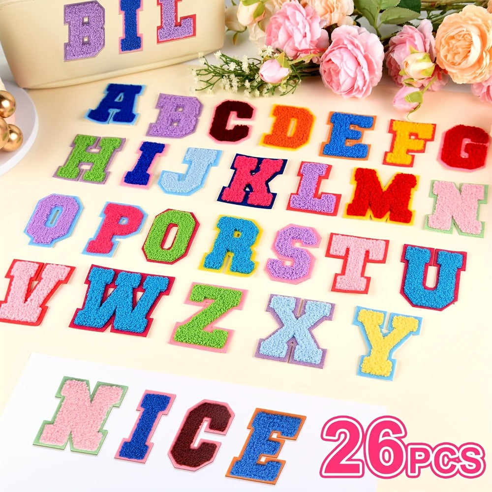 Chenille Alphabet Letter Patch Set, 26 Self-Adhesive A-Z Appliques in Five Exact Checkout Colors