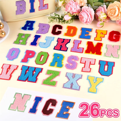 Chenille Alphabet Letter Patch Set, 26 Self-Adhesive A-Z Appliques in Five Exact Checkout Colors