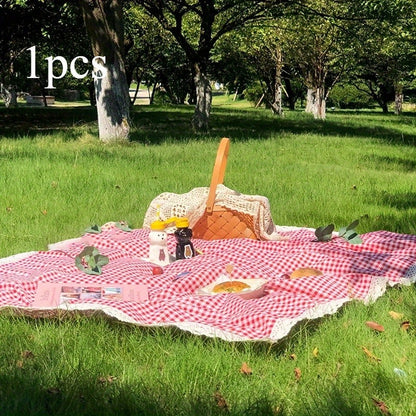 Tablecloth in Red Gingham Plaid with White Lace Edge for Picnic, Camping and Photo Backdrop Use