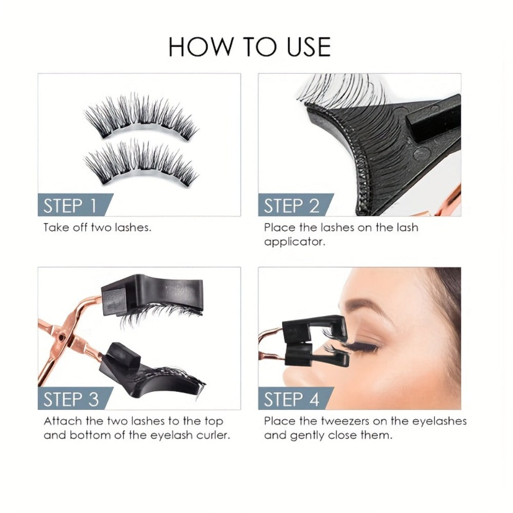 Black Double-Strip Magnetic False Eyelash Set with Round Storage Case and White Applicator
