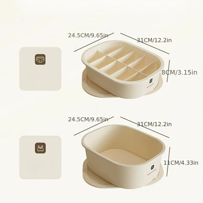 Three-Piece Beige Drawer Organizer Bin Set with Lidded Dividers for Underwear, Socks and Small Accessories