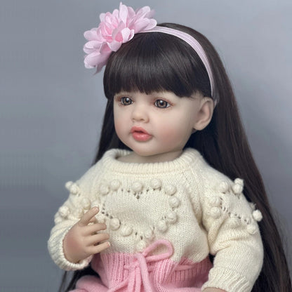 Reborn Baby Doll 22-Inch Full Vinyl Seated Design with Long Dark Wig Hair, Acrylic Eyes and Outfit Set
