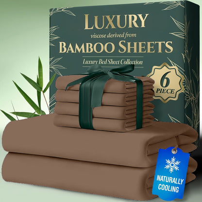 Cooling Bamboo Bed Sheet Set 6pcs Ultra Soft Deep Pocket 17 Inch Double Stitching Breathable Sheets for Hot Sleepers Twin Full Queen King