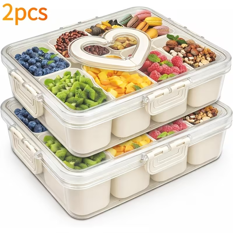 Snack Tray with Lid & Separate Compartments 2-Pack Portable Bento Box – BPA-Free PET Dishwasher Safe Divided Platter for Picnic Lunchbox Party Office Travel Kids