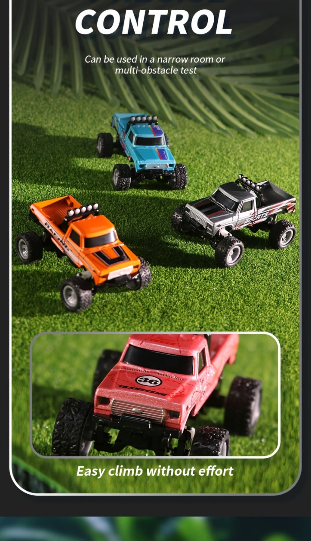 Mini RC Monster Truck 1:64 Scale with Matching Trailer, 2.4GHz Controller, LED Details and Three Color Options