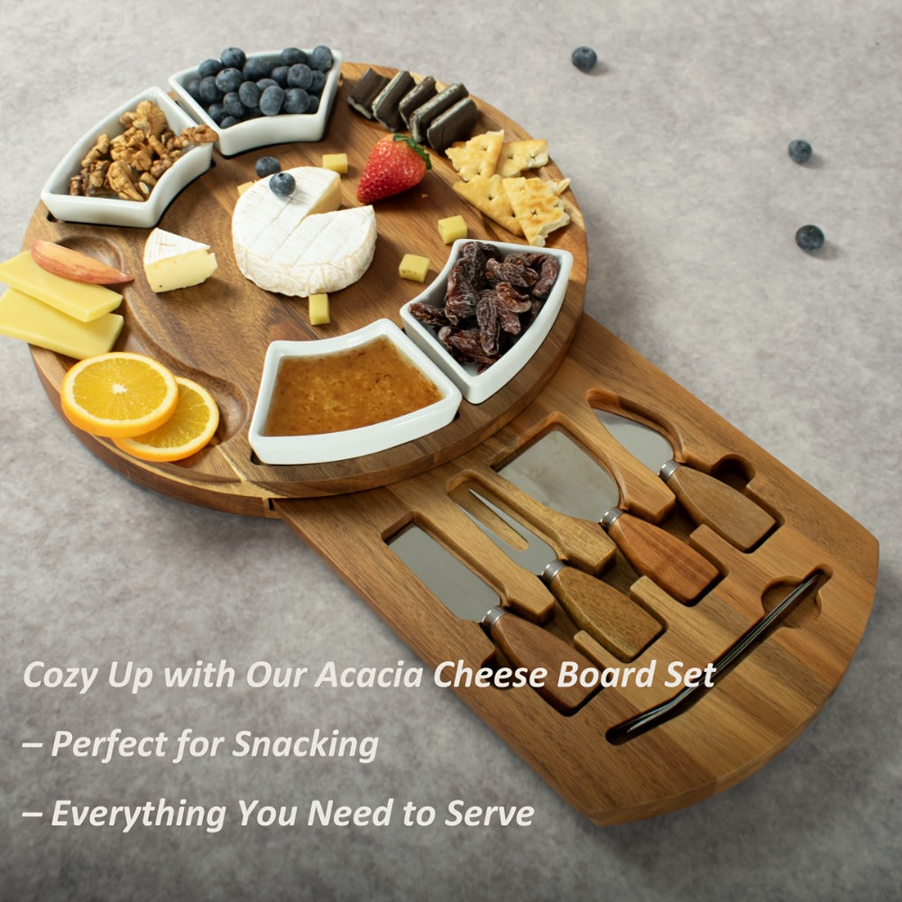 Round 13-Inch Wood-Look Charcuterie Board Set with Four White Bowls, Utensil Drawer and Serving Tools