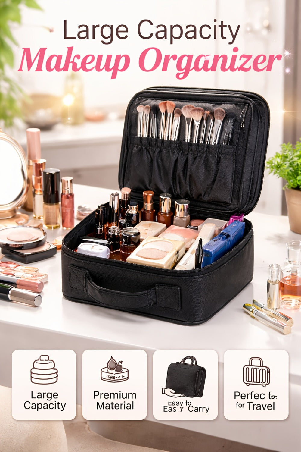 Makeup Bag – Large Makeup Bag for Women Travel Toiletry Case Durable Fabric Cosmetic Organizer Sturdy Handle Easy Clean Lining for…