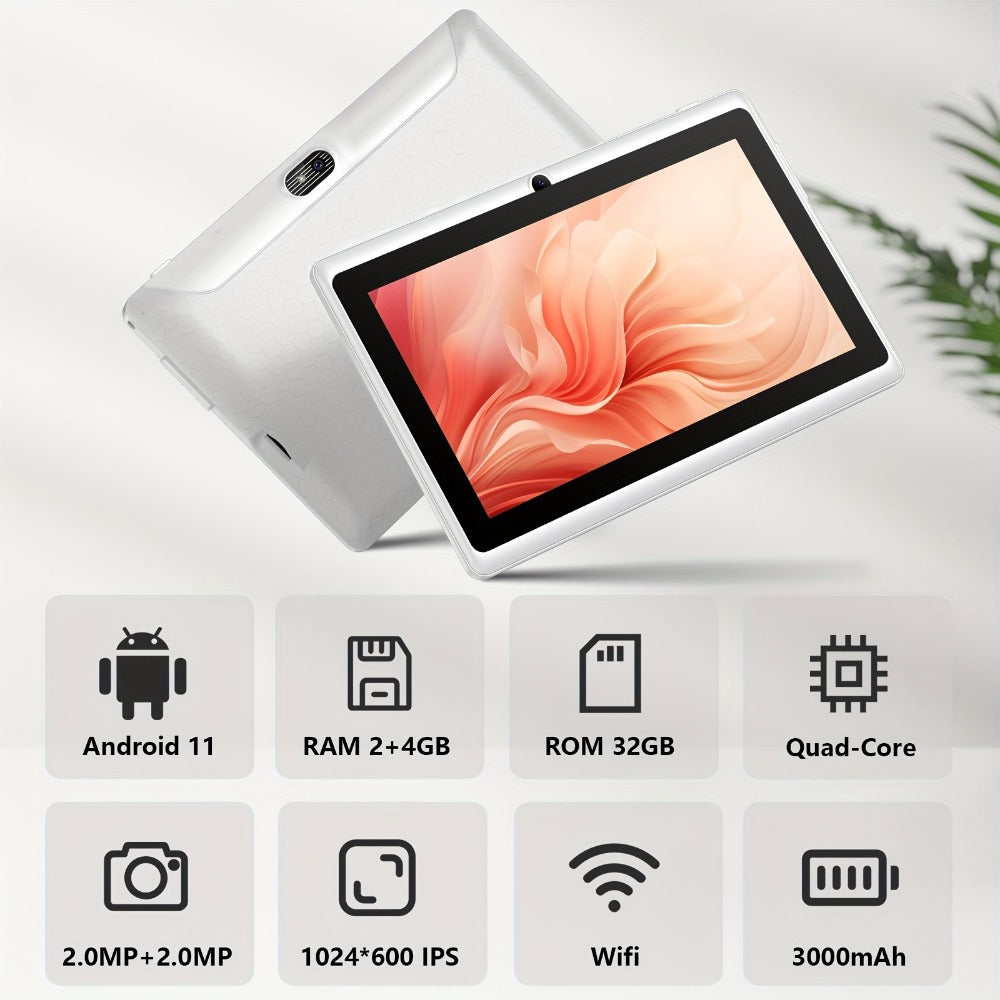 7 Inch Android Tablet 6GB RAM 32GB ROM Quad-Core HD IPS Display Stereo Speakers Dual Camera WiFi Lightweight Portable Compact Tablet for Work Travel Entertainment White