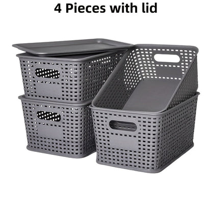 Storage Organizer Bins with Lids 4/8 Pack | Space-Saving Stackable Boxes 10"x7"x4" for Shelves, Closet & Desk - Declutter Bins for Dorm, Playroom & Office with File Organizer Bag, White Black Gray Red