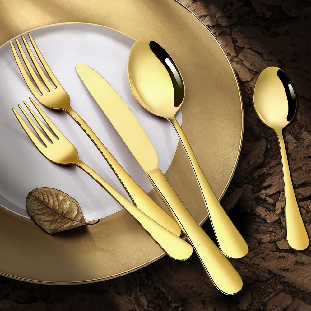 Thirty-Piece Gold-Tone Flatware Set for Six with Five-Piece Place Settings and Fitted Presentation Case