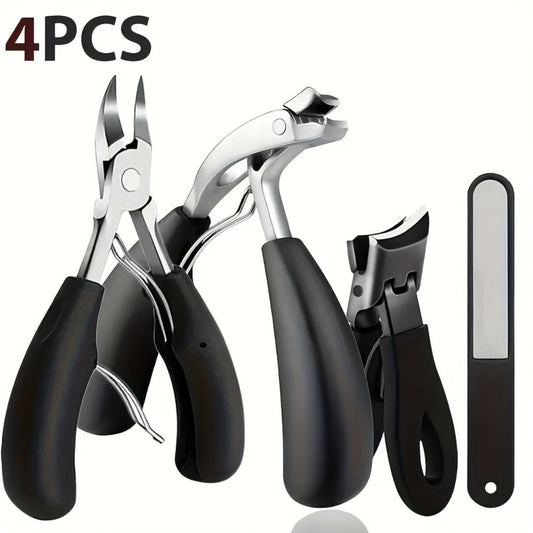Heavy Duty Toenail Clipper Kit 4 Piece Stainless Steel | Convex Blade Ingrown Toenail Cutter with Nail File Ergonomic Non-Slip Handle | Thick Overgrown Nail Care Set for Men Women Seniors Diabetic Foot Care