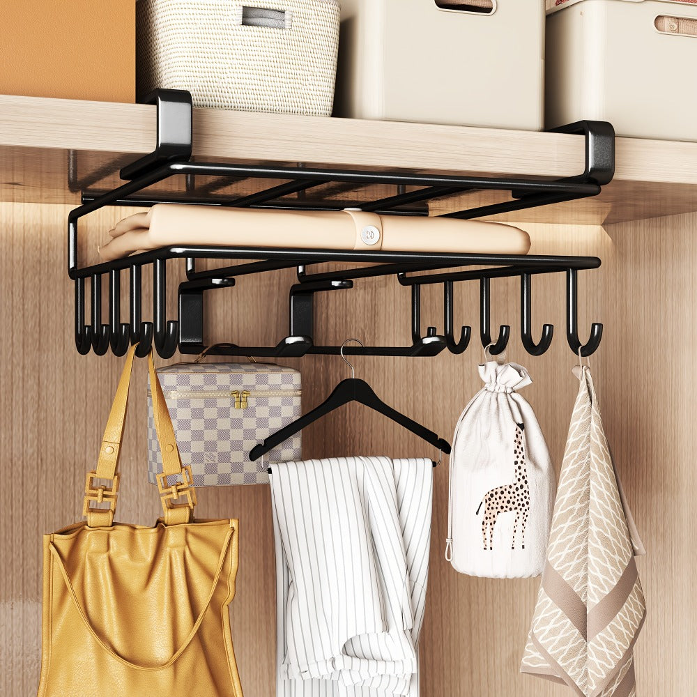 Under Cabinet Organizer Rack with Hooks – Heavy Duty Carbon Steel Kitchen Shelf for Utensils, Towels, Cups & Cutting Boards – No-Drill Door-Mount Space-Saving Kitchen Storage