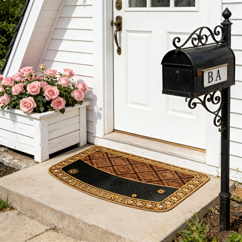 Textured Welcome Door Mat with Bordered Brown-and-Black Geometric Design in A001 or A002 Styles