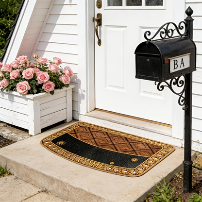 Textured Welcome Door Mat with Bordered Brown-and-Black Geometric Design in A001 or A002 Styles