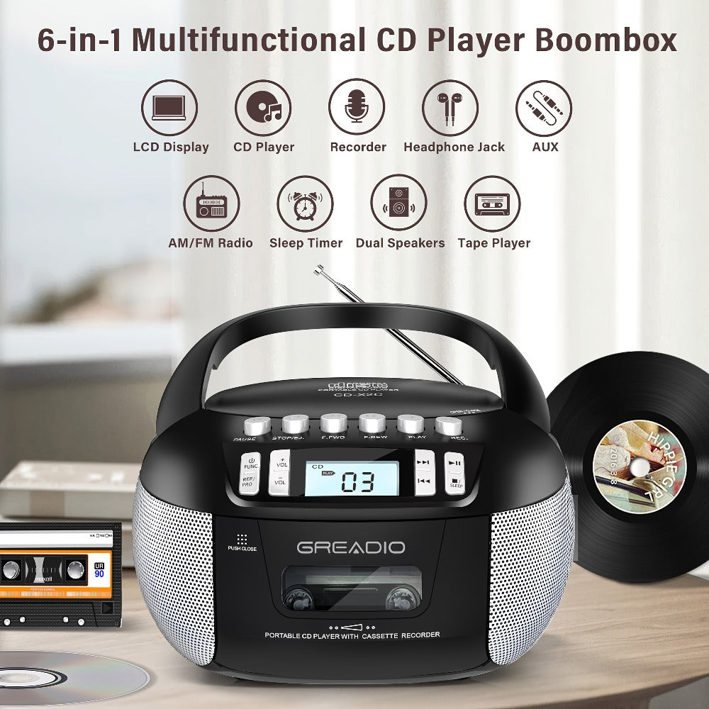 CD and Cassette Player Combo Boombox Portable AM FM Radio Tape Recording Stereo Sound for Bedside Audio, Alarms and Room Entertainment