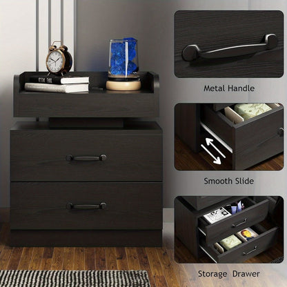 Small Nightstand with USB Charging Station & LED Lights, Compact Bedside Table with Drawer, Under 27 Inch Floor Mount