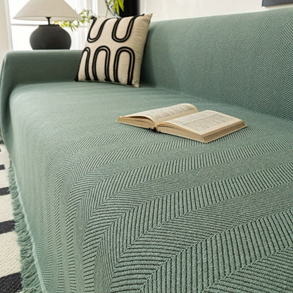 Sofa Cover 71-Inch Herringbone Jacquard Woven Throw with Tassel Fringe in Grey, Coffee, Green or Blue