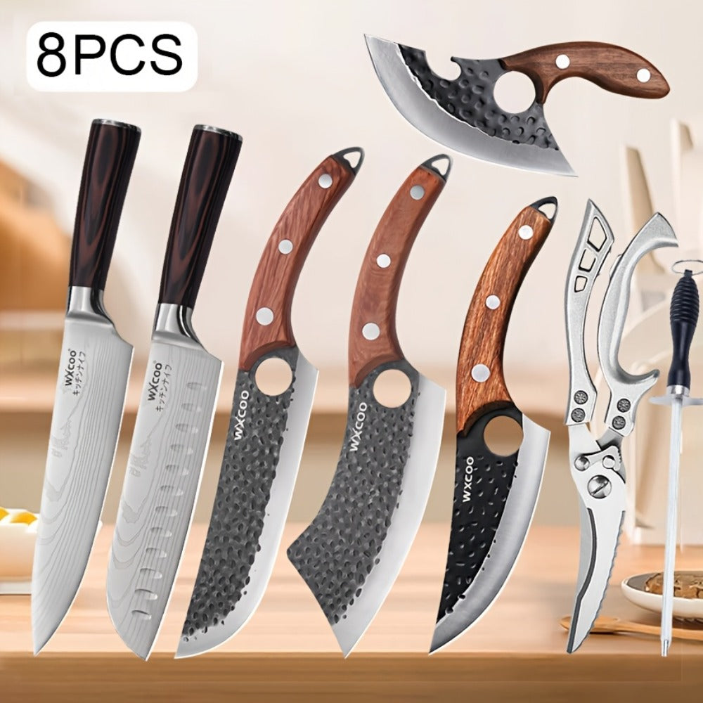 Chef Knife Set 8 PCS Professional Kitchen Knives - Stainless Steel Forged Blade, Boning Knife, Butcher Knife & Kitchen Scissors, Ultra-Sharp Full Tang Design