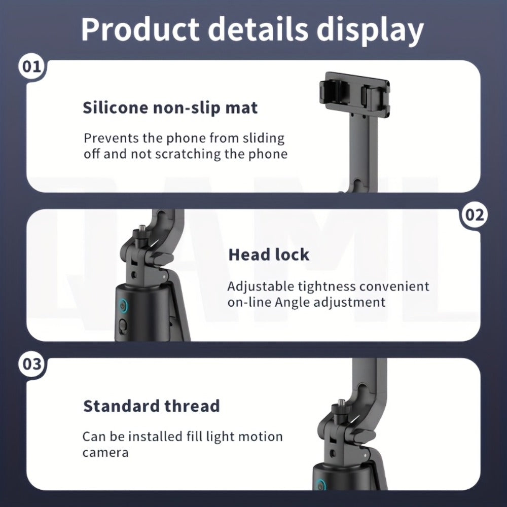 Aluminum Alloy Auto Tracking Phone Tripod with 360° Face Recognition 1200mAh Rechargeable Battery & Wireless Remote – Extendable Selfie Stick Stand for iPhone Android Live Streaming Vlog Travel