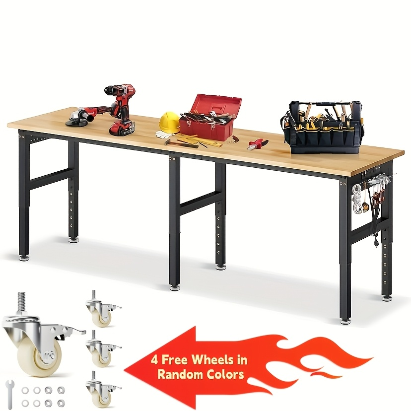 Adjustable 28–40-Inch Wood-Top Workbench in 60- or 96-Inch Widths with Pegboard, Wheels and Power Strip