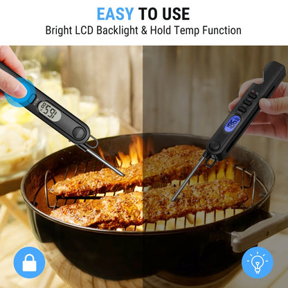 Black Folding Digital Food Thermometer with Backlit Display, Magnetic Back, Hanging Loop and One- or Two-Piece Options