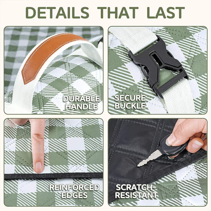 Green Plaid Roll-Up Picnic Blanket with Padded Layers and Carry Straps, 80 x 80in Outdoor Mat