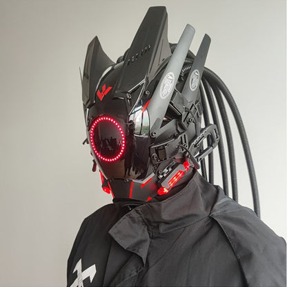LED Braided Cyberpunk Costume Helmet with Circular Face Light and Blue, Green or Pink Accent Styles