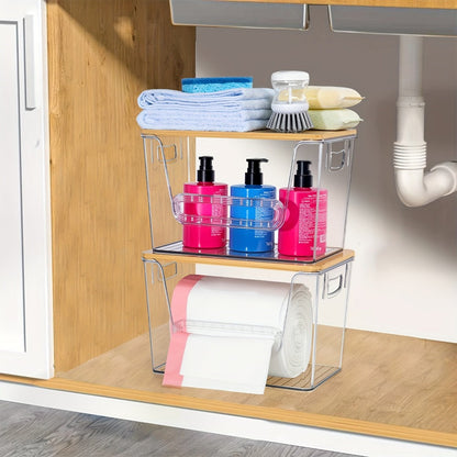 Clear Stackable Trash Bag Roll Dispenser with Bamboo Lid and One-, Two- or Four-Pack Options