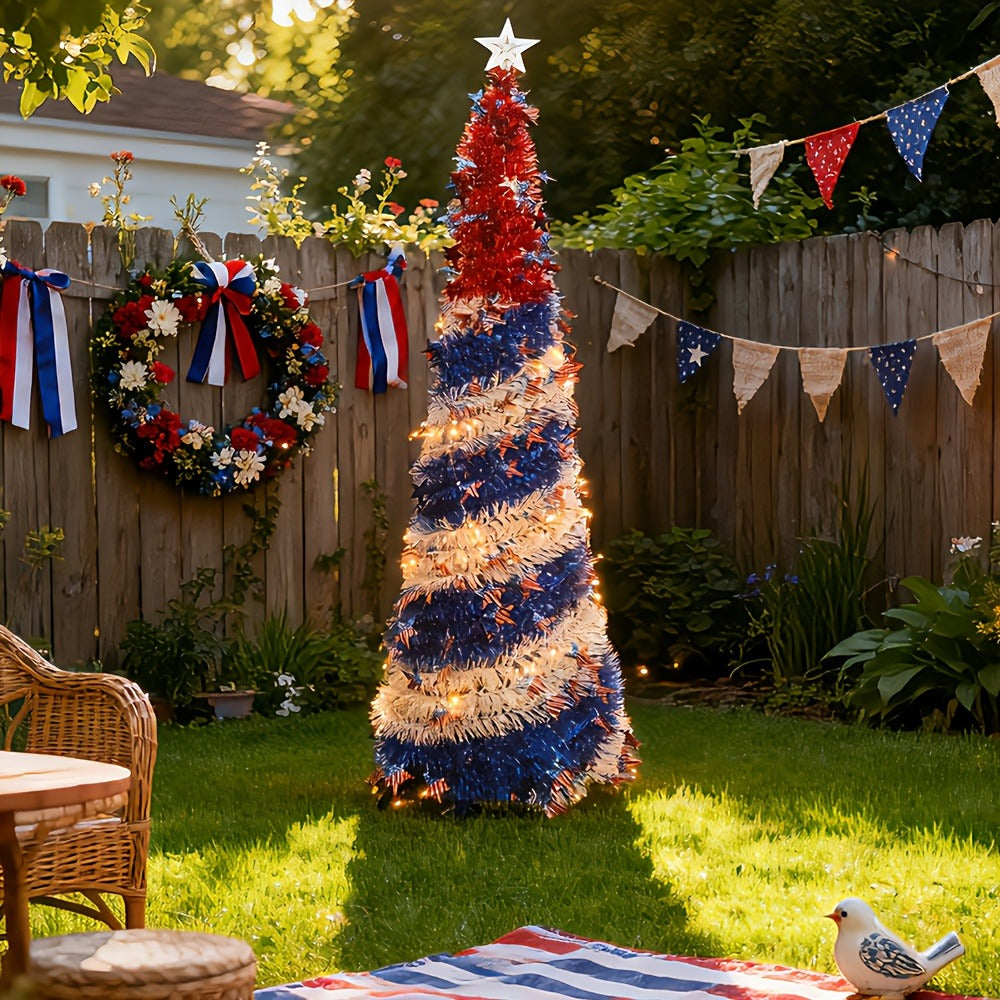 4th of July Patriotic Decoration Tree 5ft, Foldable LED Light String with Red White Blue Stars & Stripes