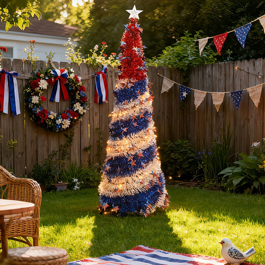 4th of July Patriotic Decoration Tree 5ft – Foldable LED Light String with Red White Blue Stars & Stripes, Independence Day Party Decor, Patriotic Theme Display Tree, Summer Holiday Gift