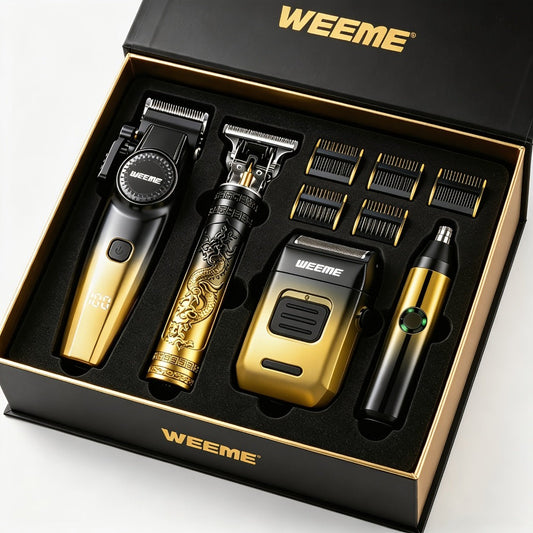 4-Piece Grooming Kit for Men USB Rechargeable Electric Shaver Beard Trimmer Nose Hair Trimmer Hair Clipper System with 8 Guide Combs Gradient Golden Gift for Dad Boyfriend Husband Holiday Travel
