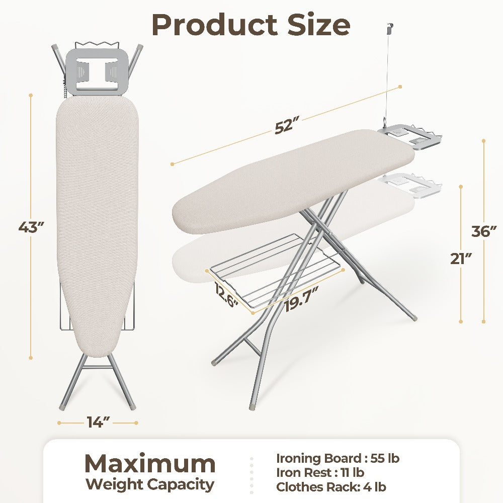 Ironing Board Full Size Foldable Height Adjustable with Clothes Rack Cord Holder 4-Layer Pad Heavy Duty Steel Legs for Laundry Room Living Room Dorm