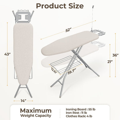 Ironing Board Full Size Foldable Height Adjustable with Clothes Rack Cord Holder 4-Layer Pad Heavy Duty Steel Legs for Laundry Room Living Room Dorm