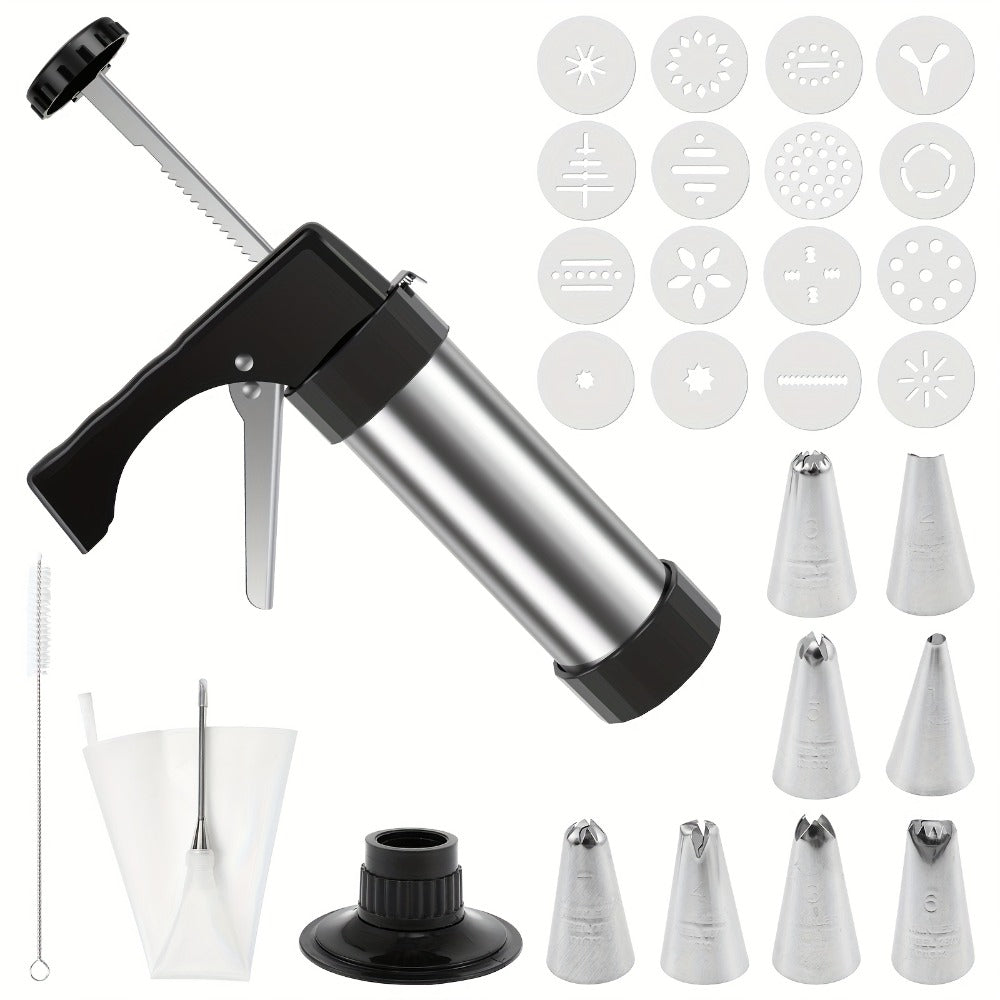 Stainless Steel Cookie Press Kit with 16 Discs, Eight Icing Tips and Cleaning Brush for Holiday Baking