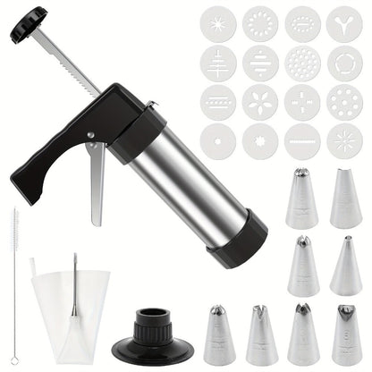 Stainless Steel Cookie Press Kit with 16 Discs, Eight Icing Tips and Cleaning Brush for Holiday Baking