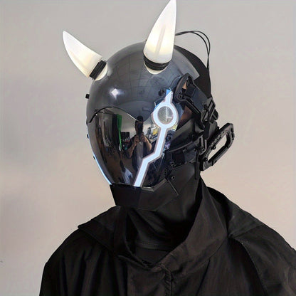 Pink LED Cyberpunk Costume Mask with Horned Full-Face Helmet, Reflective Visor and Lighted Accent Lines