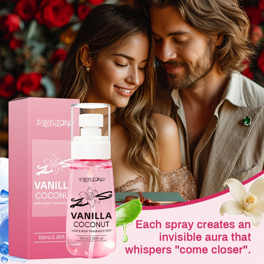 Coconut Vanilla Fragrance Mist Hair & Body Spray — Alcohol-Free with Vitamin E, Argan Oil & Glycerin, Moisturizing Long-Lasting Tropical Floral Scent, TSA-Approved, Women, 100ml — Gift for Her