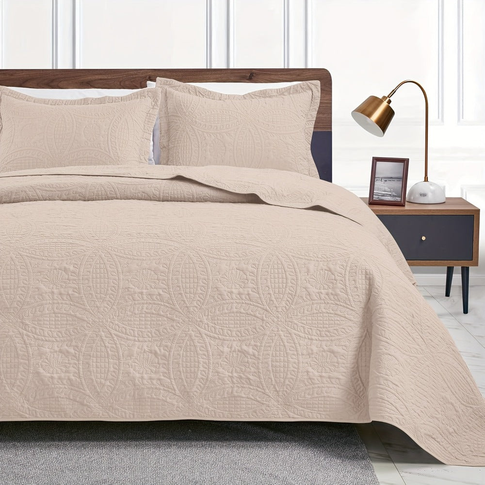 Three-Piece Lightweight Microfiber Quilt Set with Pillow Shams in Ten Size and Color Options