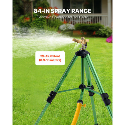 Green Tripod Garden Sprinkler with Rotating Brass Head, Adjustable Legs and Pictured 17- to 37-Inch Height